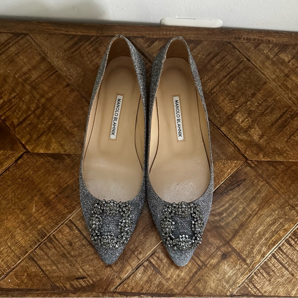 Manolo Blahnik Silver Glitter Pointed Toe Flats with Crystal Brooch